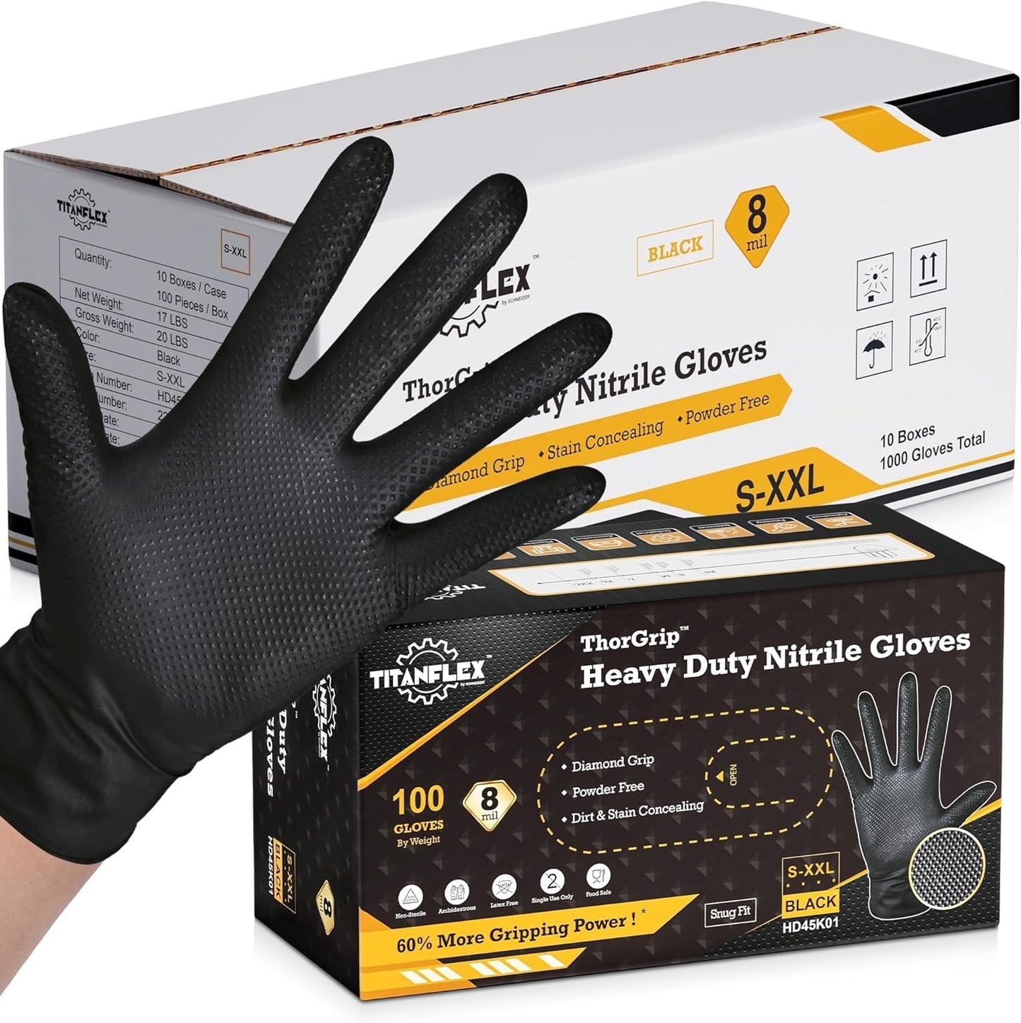 TitanFlex Heavy Duty Black Industrial Nitrile Gloves with Raised Diamond Texture