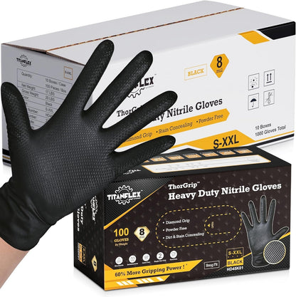 TitanFlex Heavy Duty Black Industrial Nitrile Gloves with Raised Diamond Texture